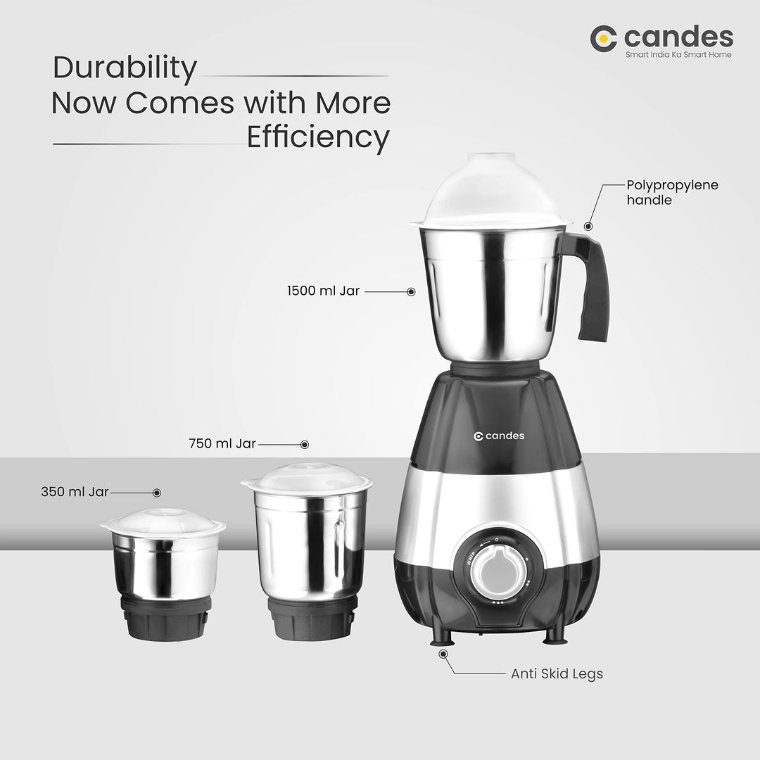 Candes Mercury 760-Watts Mixer Grinder with 3 Stainless Steel Jars (Powerful Motor with 2 Year Warranty Black Silver)