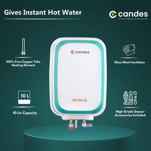 Candes 10 Litre InstoPlus Automatic Storage ISI Approved Vertical Electric Water Heater (Geyser) 5 Star Rated with Installation Kit & Special Anti Rust Body, (White) 2KW