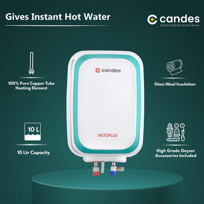 Candes 10 Litre InstoPlus Automatic Storage ISI Approved Vertical Electric Water Heater (Geyser) 5 Star Rated with Installation Kit & Special Anti Rust Body, (White) 2KW