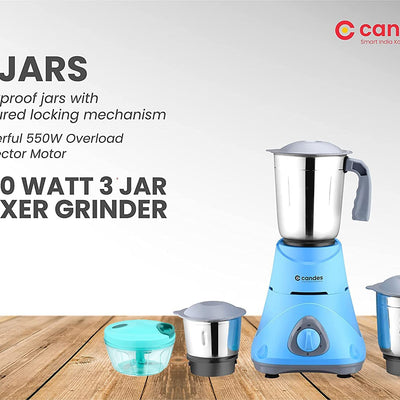 Candes Bolt 550-Watt Mixer Grinder with 3 Jars, Powerful Motor and 2 Year Warranty on Motor, (Blue Grey) + Quick Hand Vegetables & Fruit Chopper Green (Super Combo)