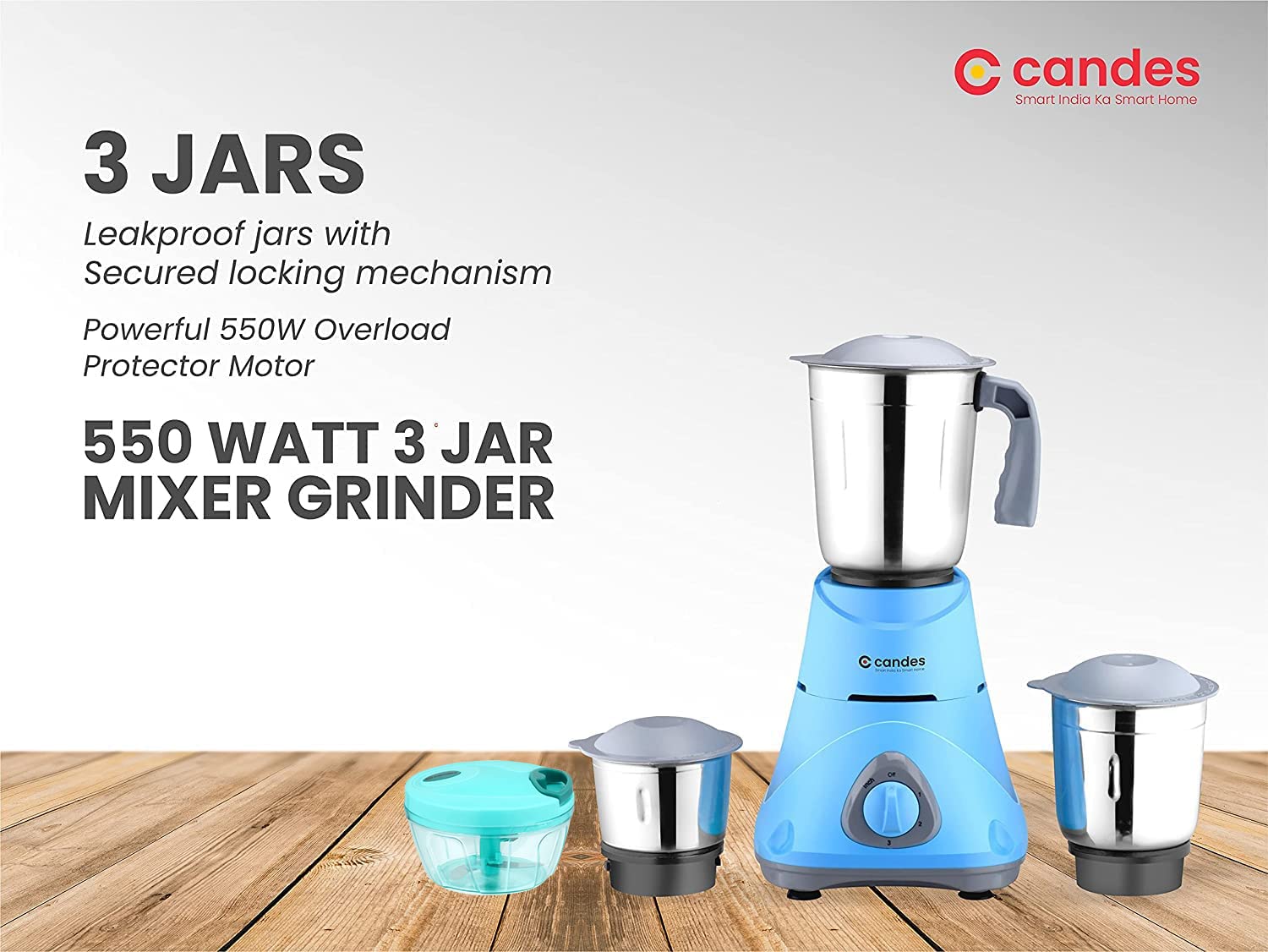 Candes Bolt 550-Watt Mixer Grinder with 3 Jars, Powerful Motor and 2 Year Warranty on Motor, (Blue Grey) + Quick Hand Vegetables & Fruit Chopper Green (Super Combo)