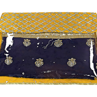 Heart Home Seamless lattice Design Satin Foldable, Lightweigth Single Saree Cover/Organiser For Wardrobe With Transparent Top- Pack of 4 (Yellow)-50HH01333