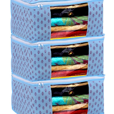 Kuber Industries Floral Print Non-Woven Foldable Saree Cover|Clothes Storage For Saree, Lehenga, Suit With Top Transparent Pack of 3 (Sky Blue)