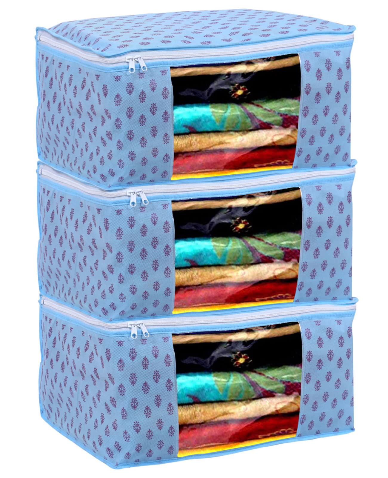 Kuber Industries Floral Print Non-Woven Foldable Saree Cover|Clothes Storage For Saree, Lehenga, Suit With Top Transparent Pack of 3 (Sky Blue)