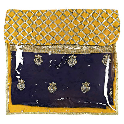 Heart Home Seamless lattice Design Satin Foldable, Lightweigth Single Saree Cover/Organiser For Wardrobe With Transparent Top- Pack of 4 (Yellow)-50HH01333