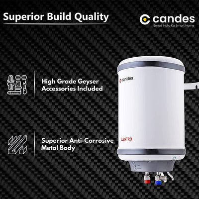 Candes 25 Litre Elentro 5 Star Rated Automatic Instant Storage Electric Water Heater with Special Metal Body Anti Rust Coating With Installation Kit, 2kW Geyser + Safety Valve (White)