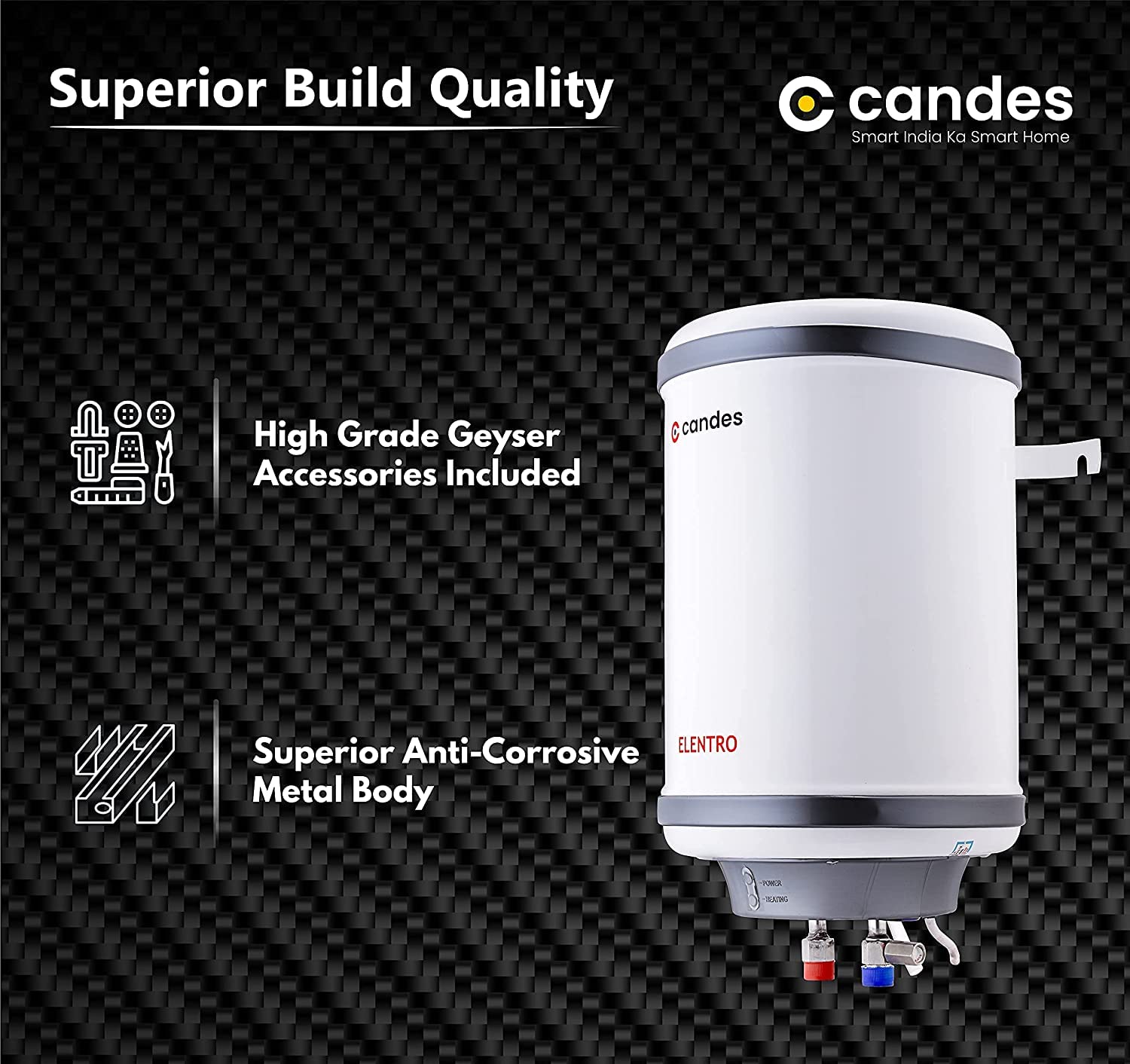 Candes 25 Litre Elentro 5 Star Rated Automatic Instant Storage Electric Water Heater with Special Metal Body Anti Rust Coating With Installation Kit, 2kW Geyser + Safety Valve (White)