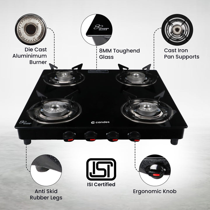 Candes 8mm Toughened Glass 4 Burner Manual Stove |Die Cast Alloy Tornado Burner | LPG Compatible |ISI Certified | Door Step Service, 300 Days Warranty| Black