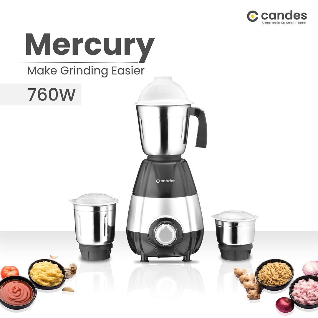 Candes Mercury 760-Watts Mixer Grinder with 3 Stainless Steel Jars (Powerful Motor with 2 Year Warranty Black Silver)