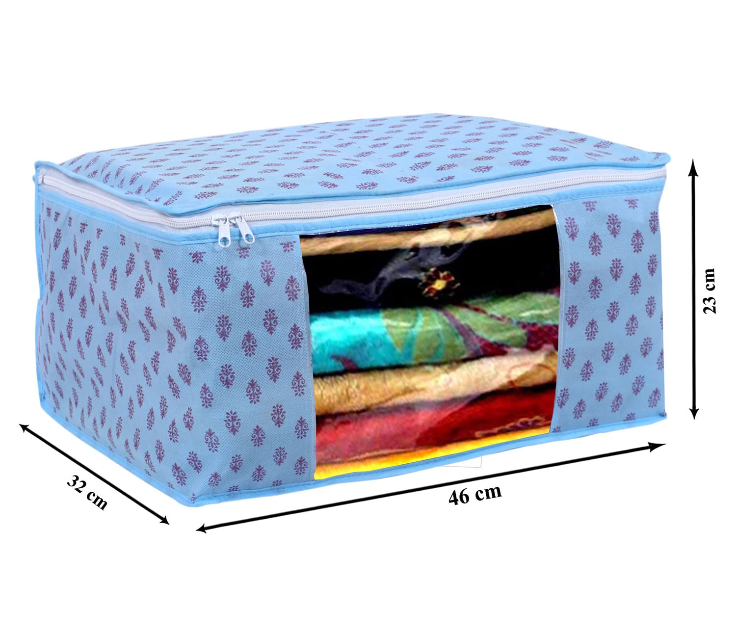 Kuber Industries Floral Print Non-Woven Foldable Saree Cover|Clothes Storage For Saree, Lehenga, Suit With Top Transparent Pack of 3 (Sky Blue)
