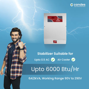 Candes Supreme 2Kva Voltage Stabilizer for 0.5 Ton AC/Air Cooler/Deep Freezer/Washing Machine/Microwave Oven/Tread Mill (Working Range - 90V-290V) Red & Steel, 3 years Warranty