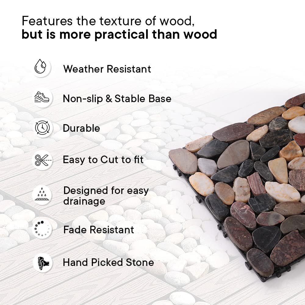 Cheston Tiles for Floor with Interlocking I Pebble Floor Tiles I Weather & Water Resistant I Tiles for Garden, Balcony & Poolside I 12" X 12" Deck Tiles (Set of 1, Multi-colour Stones)