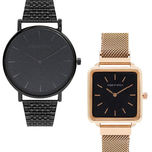 Joker & Witch Stainless Steel Morticia & Gomez Couple Analogue Watches, Black Dial, Rose Gold Band