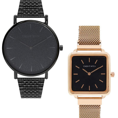 Joker & Witch Stainless Steel Morticia & Gomez Couple Analogue Watches, Black Dial, Rose Gold Band