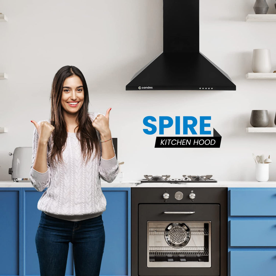 Candes Spire Kitchen Chimney 60 Cms with Powerful 800 m3/h Suction| Stainless Steel Baffle Filter | Anti-Fingerprint Black Wall Mount Range Hood | 3 Level Push Control |Plastic Blower | 2 Level Led Lighting | Warranty 1 Year on Product & 5 Years On Motor