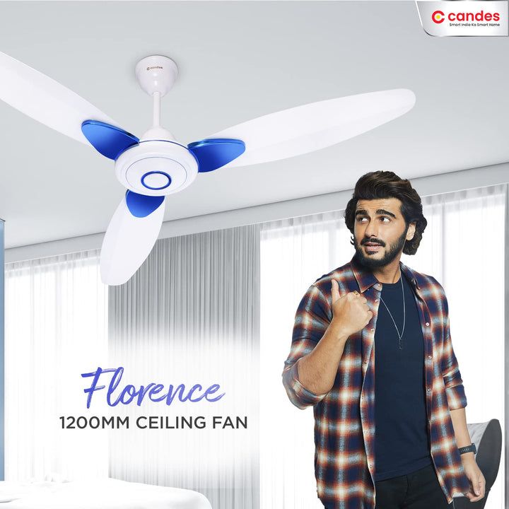 Candes Florence 1200mm/48 inch High Speed Anti-dust Decorative 5 Star Rated Ceiling Fan( 100% CNC Winding) 400 RPM (2 Yrs Warranty) (White Blue, Pack of 1)