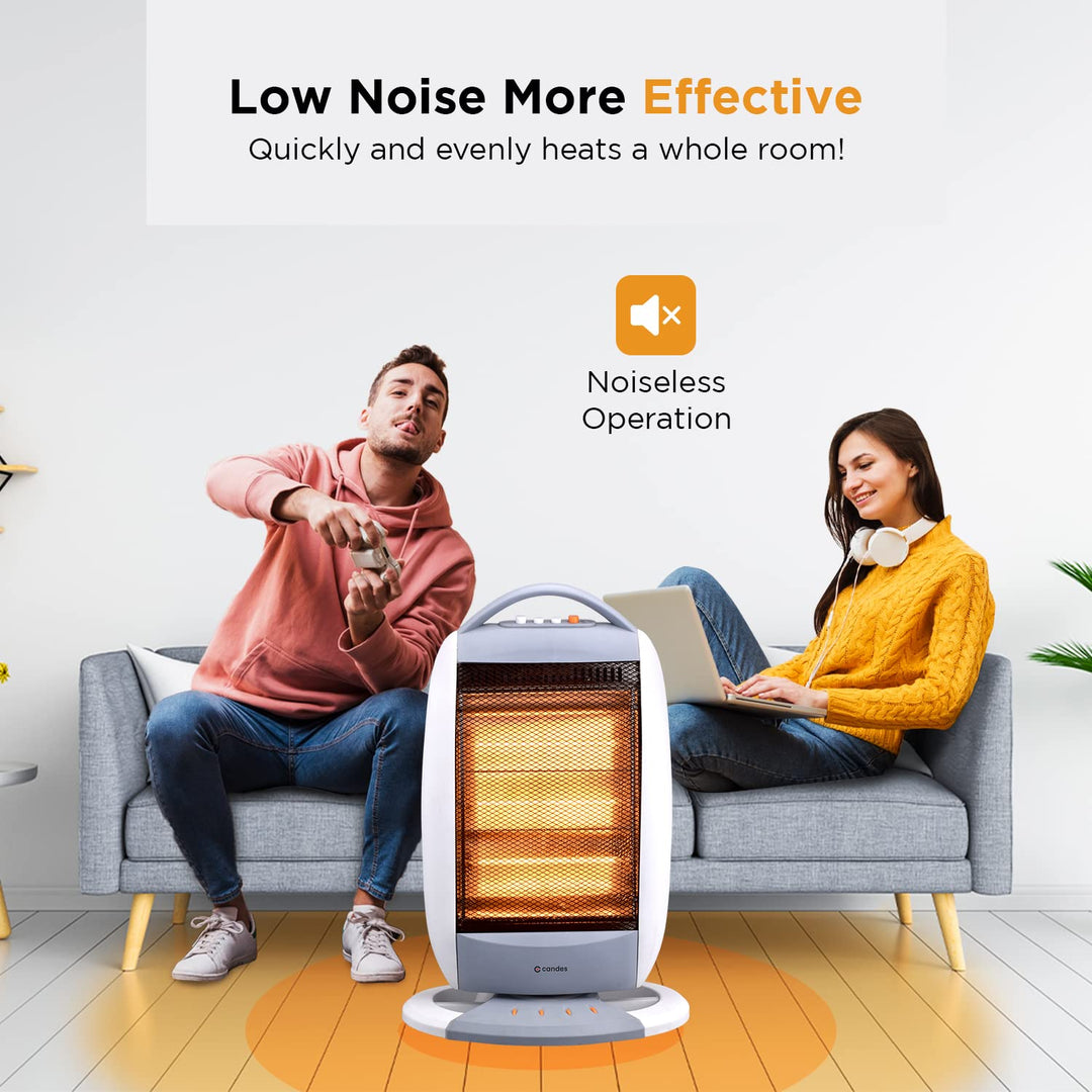 Candes New Infra3 1200 Watt Noiseless Portable Halogen Room Heater with Auto Moving Feature upto 180 degree ABS Body 3 Stage Heating Controller Overheating Protection 1Year Warranty White & Grey