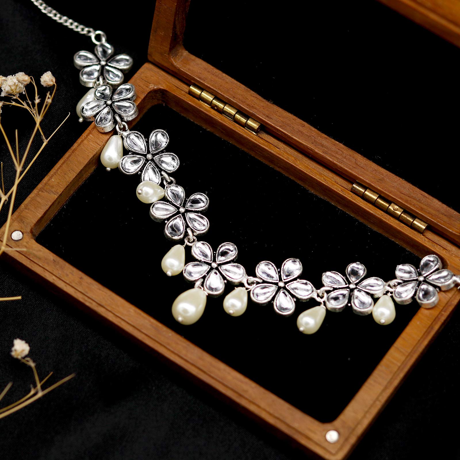 TEEJH Abhita Floral Polki Silver Oxidized Necklace for Women