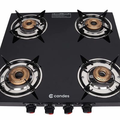 Flame Glass Top Gas Stove 4 Burner, Manual Ignition, Black