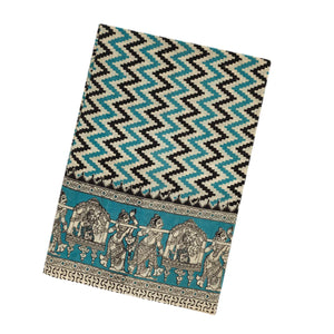 Turquoise Handloom Kalamkari Cotton Saree With Printed Chevron Motifs