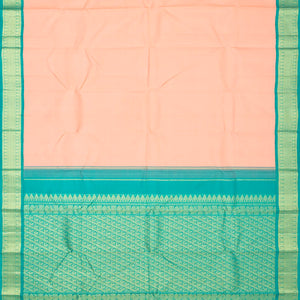 Light Peach Handloom Korvai Kanchipuram Silk Saree With Turquoise Border