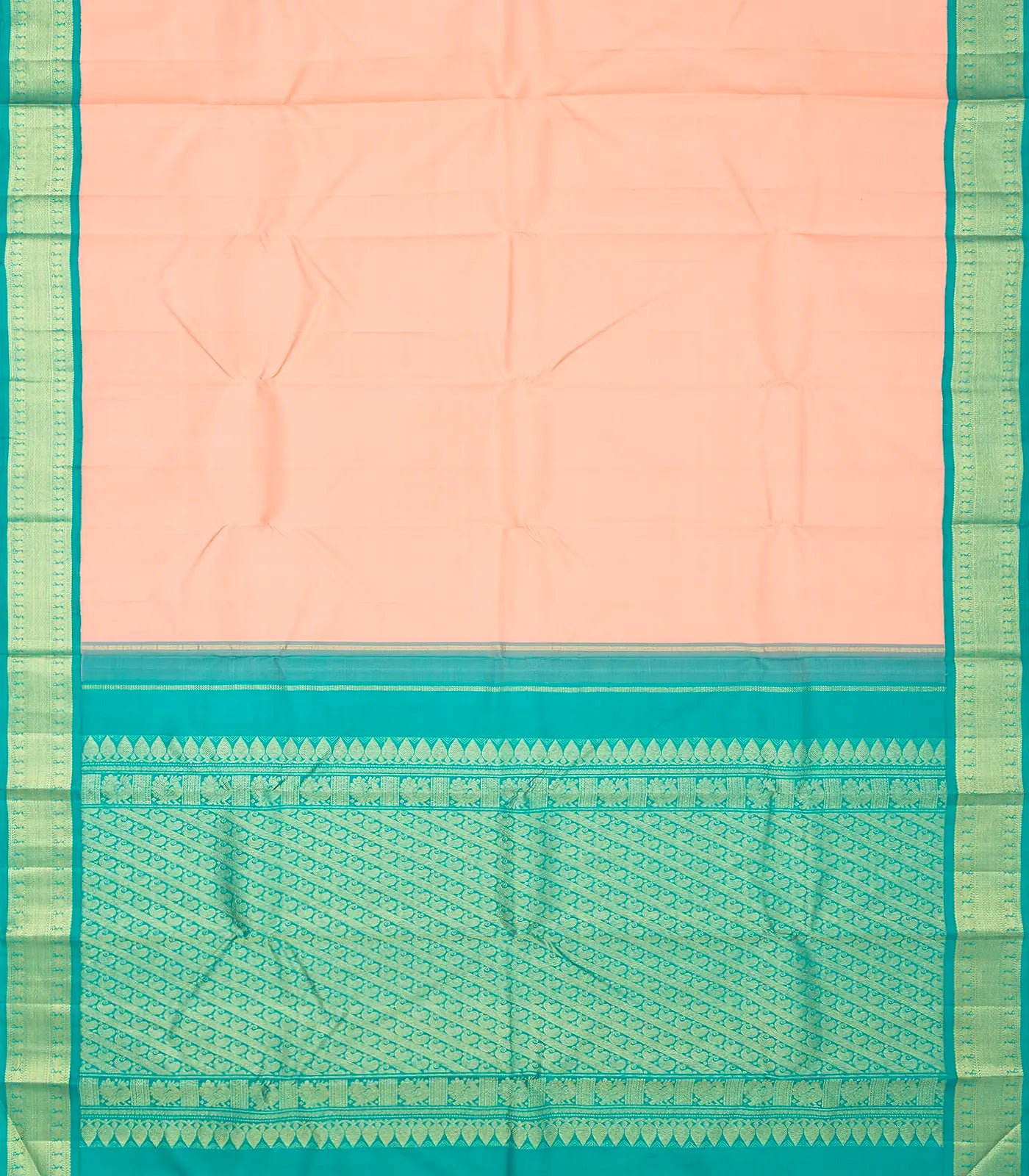 Light Peach Handloom Korvai Kanchipuram Silk Saree With Turquoise Border