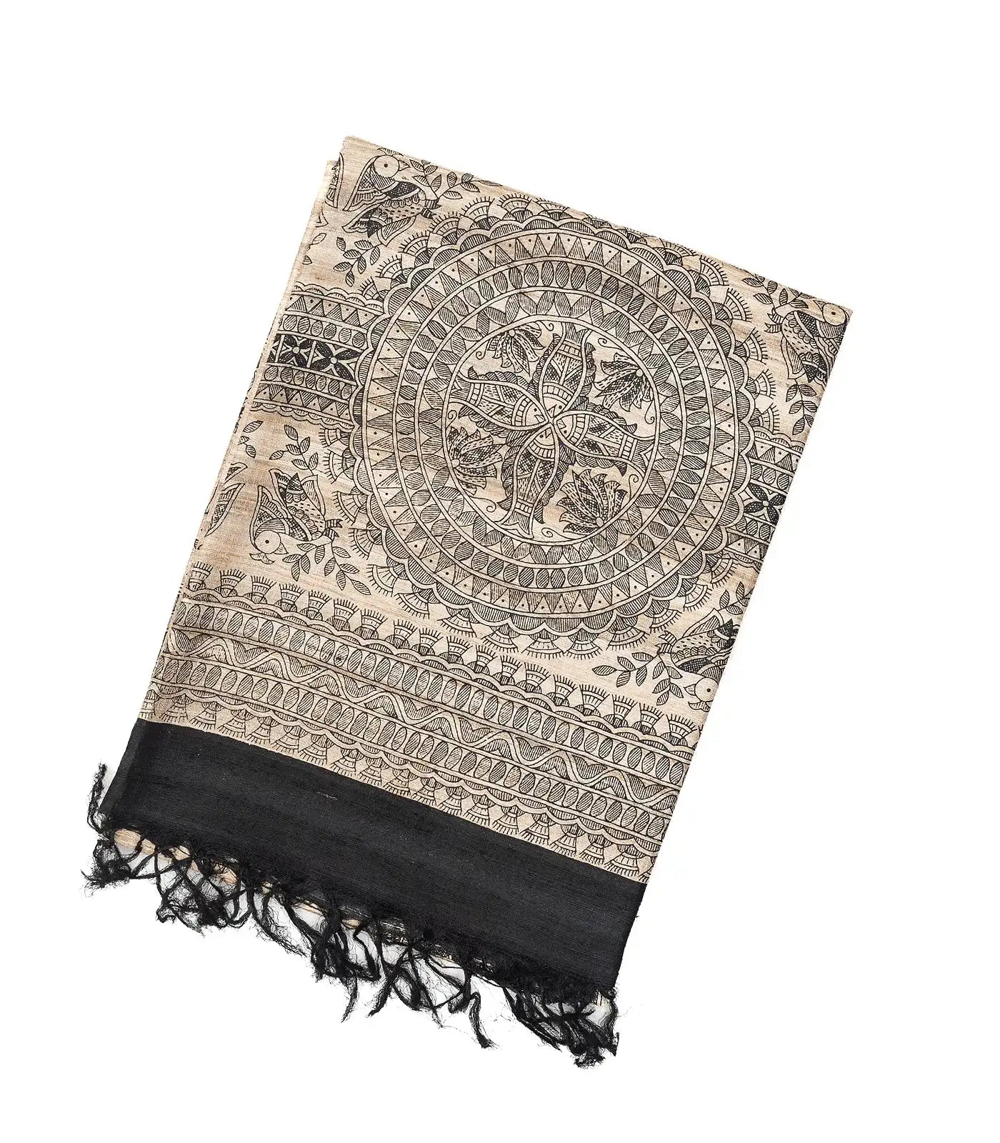 Beige Handwoven Tussar Silk Saree With Printed Bird Motifs