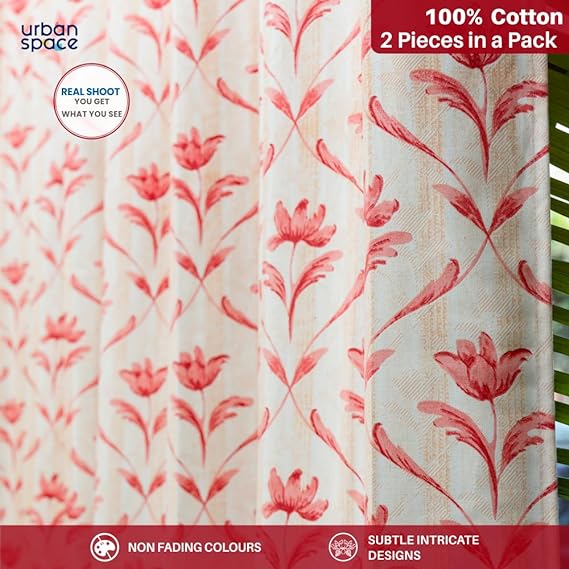 100% Cotton Curtains for Living Room, Bedroom curtains - Pack of 2 curtains, Water Lily - Red