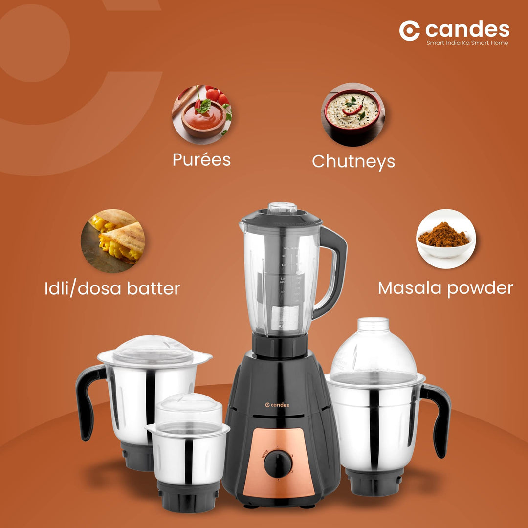 Candes Eathan 900 Watts Mixer Grinder with 4 Jars Powerful Motor with 2 Year Motor Warranty (Black, Gold)