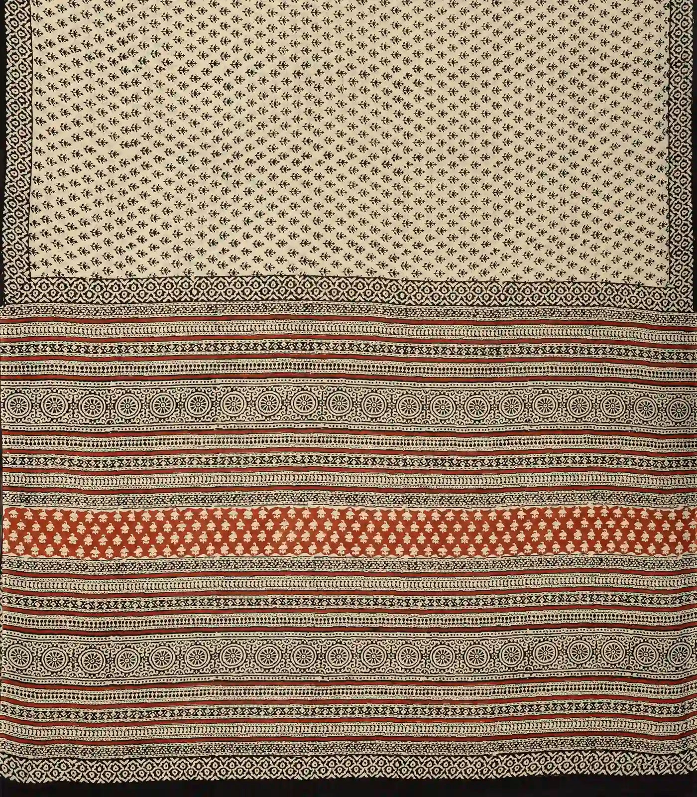 Off White Woven Jaipur Cotton Saree Printed With Black Flower Motifs