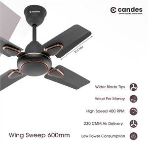 Candes Brio Turbo 600 mm / 24 Inch High Speed 4 Blade Anti-Dust Ceiling Fan, 405 RPM, Suitable for Kitchen/Veranda/Balcony/Small Room (Pack of 2, Coffee Brown)
