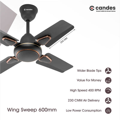 Candes Brio Turbo 600 mm / 24 Inch High Speed 4 Blade Anti-Dust Ceiling Fan, 405 RPM, Suitable for Kitchen/Veranda/Balcony/Small Room (Pack of 2, Coffee Brown)