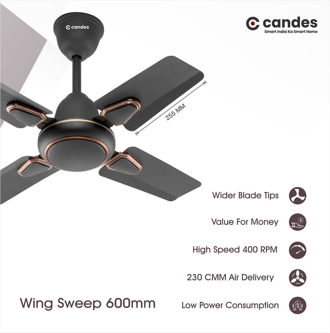 Candes Brio Turbo 600 mm / 24 Inch High Speed 4 Blade Anti-Dust Ceiling Fan, 405 RPM, Suitable for Kitchen/Veranda/Balcony/Small Room (Pack of 2, Coffee Brown)