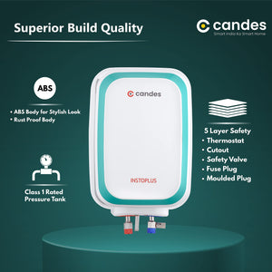 Candes 10 Litre InstoPlus Automatic Storage ISI Approved Vertical Electric Water Heater (Geyser) 5 Star Rated with Installation Kit & Special Anti Rust Body, (White) 2KW
