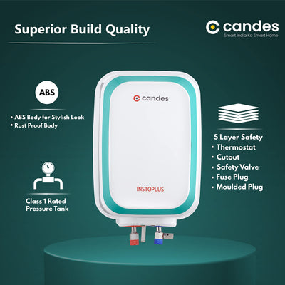Candes 10 Litre InstoPlus Automatic Storage ISI Approved Vertical Electric Water Heater (Geyser) 5 Star Rated with Installation Kit & Special Anti Rust Body, (White) 2KW
