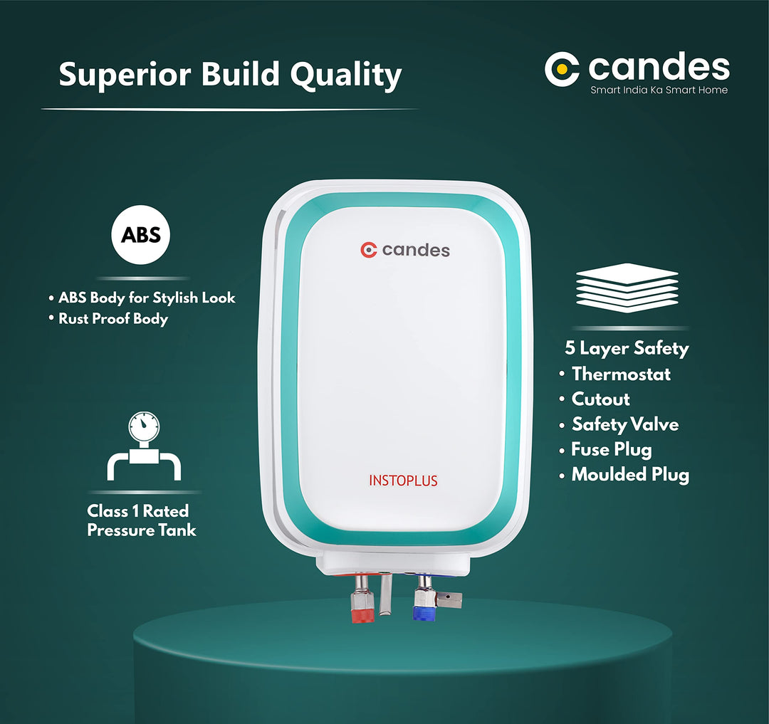 Candes 10 Litre InstoPlus Automatic Storage ISI Approved Vertical Electric Water Heater (Geyser) 5 Star Rated with Installation Kit & Special Anti Rust Body, (White) 2KW