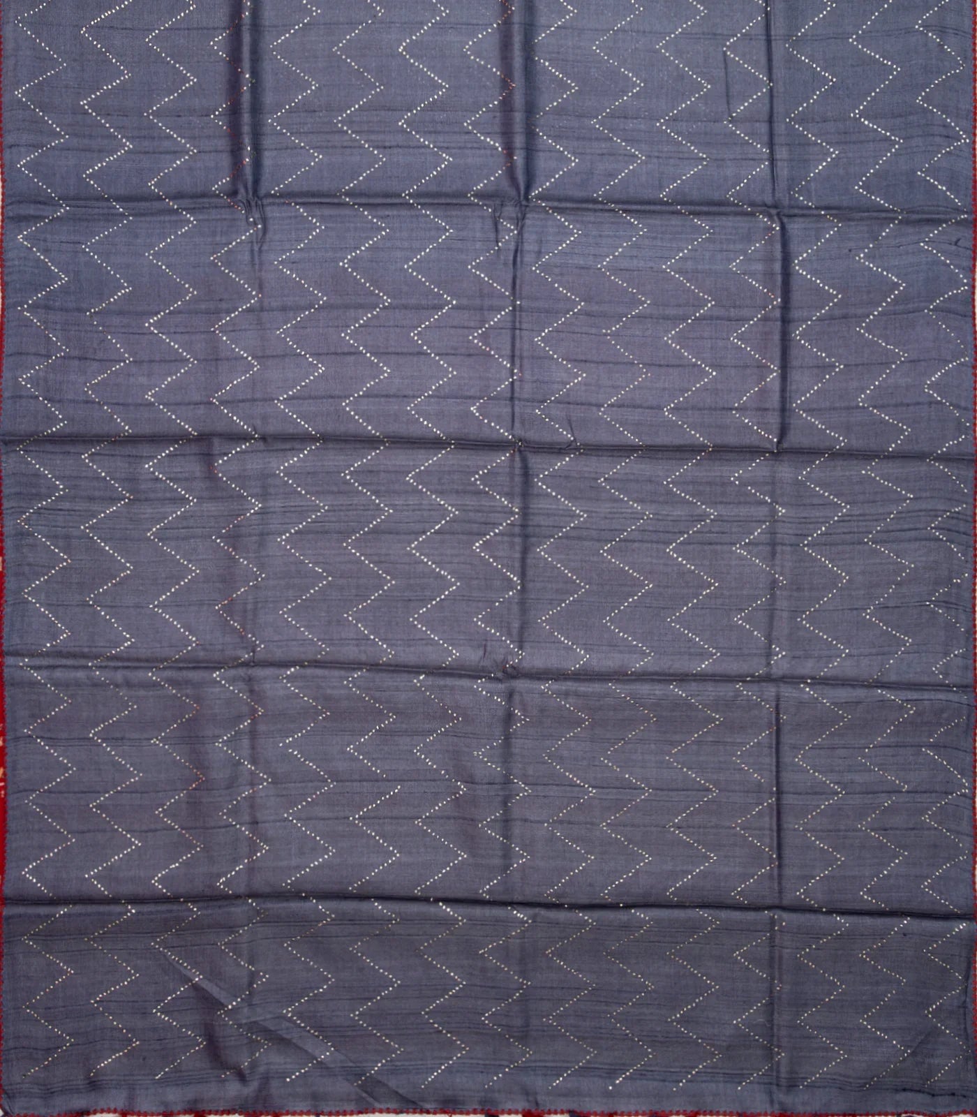 Dark Grey Handloom Tussar Silk Saree With Embroidered Chevron Mirror Motifs