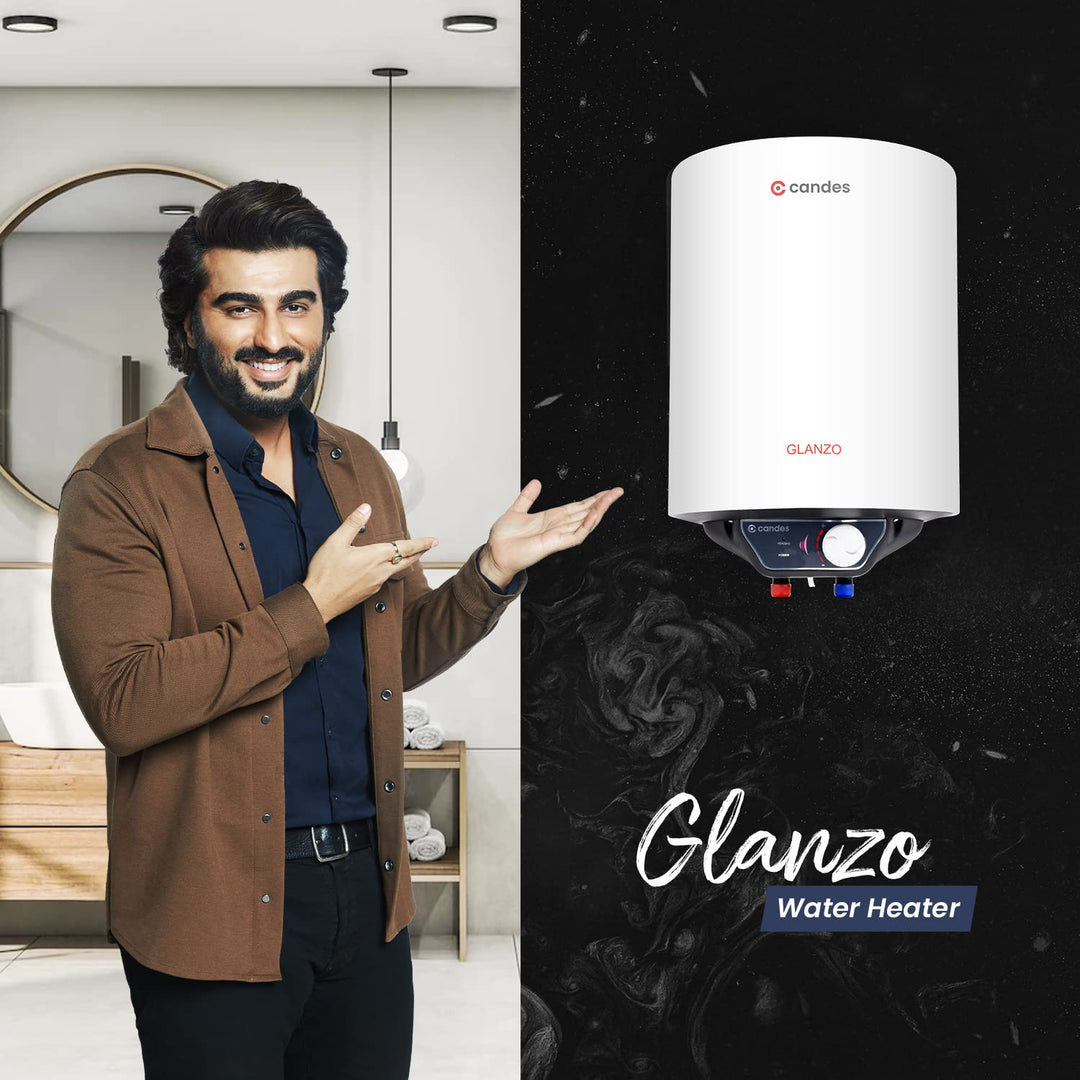 Candes 10 Litre Glanzo 5 Star Rated GlassLine Automatic Storage Electric Water Heater - 8 Bar Pressure with Installation Kit, Metal Body White