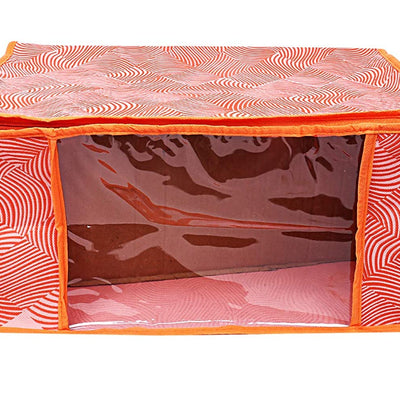 Heart Home Lahariya Design Non-woven Foldable Saree Cover/Clothes Storage Bag/Wardrobe Organizer With Transparent Window- Pack of 3 (Orange)-44HH0377
