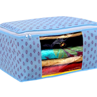 Kuber Industries Floral Print Non-Woven Foldable Saree Cover|Clothes Storage For Saree, Lehenga, Suit With Top Transparent Pack of 3 (Sky Blue)
