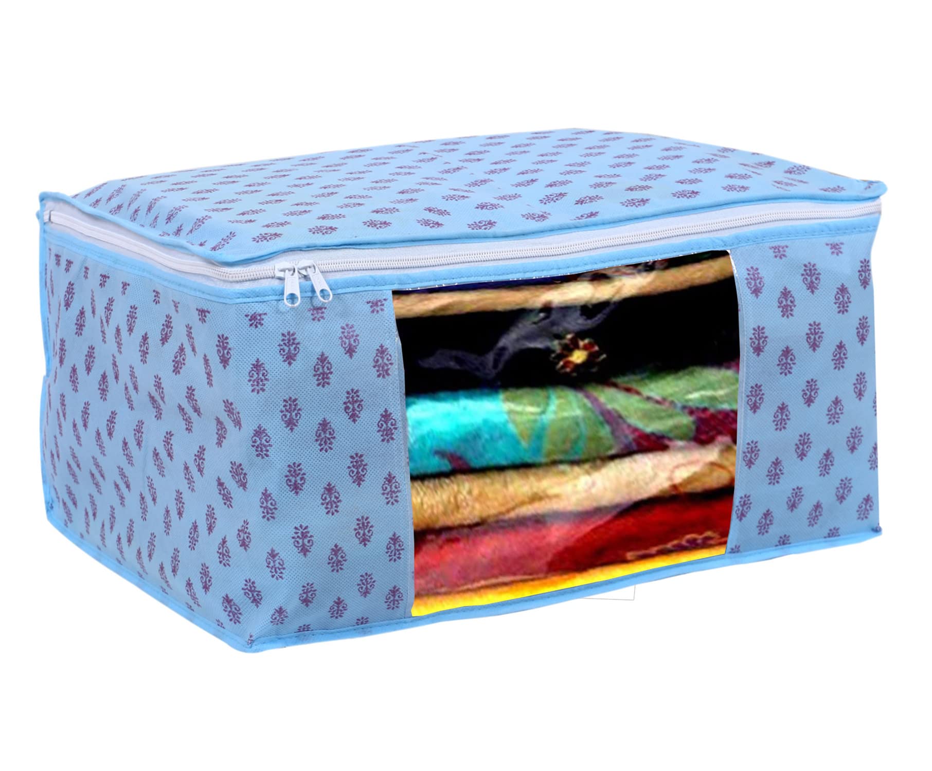 Kuber Industries Floral Print Non-Woven Foldable Saree Cover|Clothes Storage For Saree, Lehenga, Suit With Top Transparent Pack of 3 (Sky Blue)