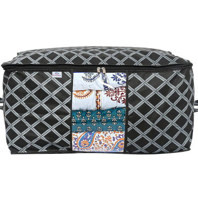 Heart Home Non-Woven Check Print 3 Pieces Underbed Storage Bag & 3 Pieces Saree Cover With Transparent Window, Pack of 6 (Black)