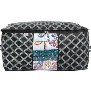 Heart Home Non-Woven Check Print 3 Pieces Underbed Storage Bag & 3 Pieces Saree Cover With Transparent Window, Pack of 6 (Black)