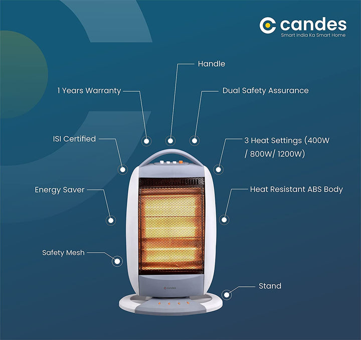 Candes New Infra Halogen Room Heater (White, Grey, 1200 watts) 3 Rod