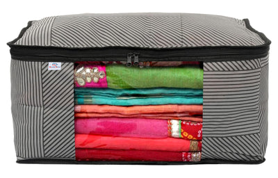 Heart Home Non-Woven Lining Print Saree Organizer|Wardrobe Organizers With Transparent Window, Zipper, Set of 12 (Gray)