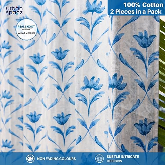 100% Cotton Curtains for Living Room, Bedroom curtains - Pack of 2 curtains, Water Lily - Blue