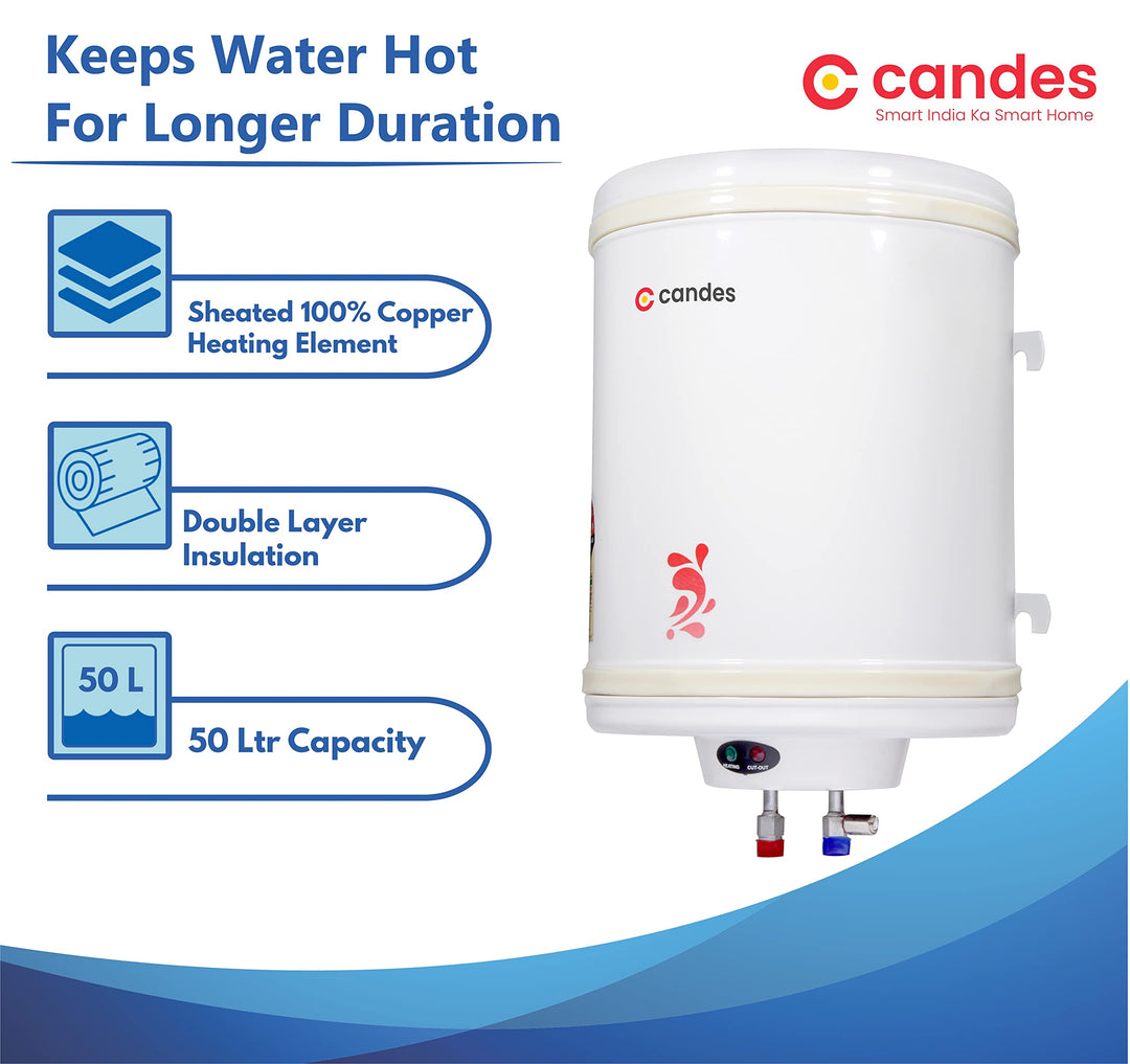 Candes 50 Litre Automatic Instant Storage Electric Water Heater Multiple Safety System Anti Rust Body, 2kW Geyser (Ivory, 2000 W)