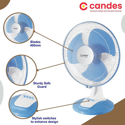 Candes Desker Table Fan for Cooling with Automatic Oscillation (400 MM) 80W (Blue)