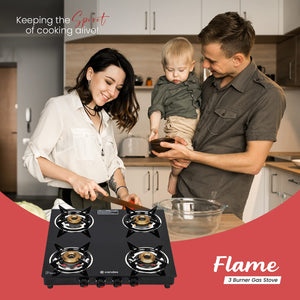Flame Glass Top Gas Stove 4 Burner, Manual Ignition, Black