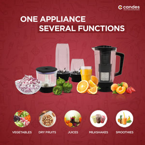 Candes Pearl 600 W Mixer Grinder 4 Jars - Black, Red (1 Year Warranty + 2 Years on Motor Only)